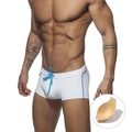 Weiße Herren-Badehose mit niedriger Taille, blauen Kordelzügen und herausnehmbarem Polster - M / Weiß Mit Cup