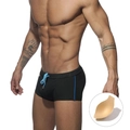 Herren Badehose in Schwarz mit hellblauem Kordelzug, Seitenstreifen und Schaumstoffpolster - M / Schwarz Mit Cup