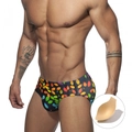Dunkelgraue Herren Badehose mit buntem Blattmuster und herausnehmbarer Polsterung - M / Regenbogen-Blattdruck (Mit Tasse)