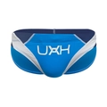 Sky blue men's athletic swim briefs with dark blue and white contrast panels and UXH logo - M / Royal Blue