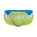 Men's neon green and royal blue color block swim trunks with white stitching details - M / Grass Green