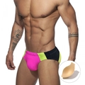 Men's sexy patchwork swim briefs in pink, yellow and black with removable padding - M / Pink With Pad