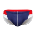 Maillot de bain homme bicolore bleu marine et rouge avec coutures apparentes sur mannequin - M / Bleu foncé