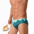 Men's sexy gradient swim briefs in teal with green waves and removable foam pad cup - M / Teal Blue With Pad