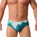 Men's turquoise and cream gradient wave print swim briefs for beach and pool - M / Green
