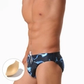 Men's sexy black swim briefs with blue cloud print and removable contour padding - M / Cyan Cloud (With Padding)