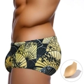 Herren Badehose mit Goldfächer-Druck und herausnehmbarer Schutzkappe für Strand - M / Schwarz Gold Fächer Druck