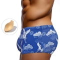 Herren Badehose in Blau mit Kranich- und Wolkenmuster sowie herausnehmbaren Polstern - M / Blau Kranich Druck Mit Polstern