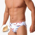Men's white swim briefs with colorful cloud patterns and removable sponge padding insert - M / Colorful Cloud (With Padding)