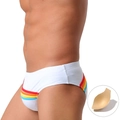 Weiße Herren-Badehose mit Regenbogenstreifen und herausnehmbarem konturiertem Polster - M / Weiß Mit Cup