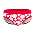 Men's low-waist red swim briefs featuring white polka dot patterns and elastic waist - M / Red