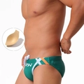 Dunkelgrüne Herren-Badehose mit tiefem Bund, orangefarbenem Streifen und Push-Up-Polster - M / Dunkelgrün