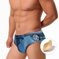 Maillot de bain sexy pour homme avec imprimé denim réaliste et rembourrage amovible inclus - M / Bleu avec Bonnet