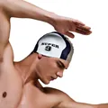 Dettaglio della cuffia da nuoto in silicone tricolore con stampa SUPER 9 da uomo - Bianco (SUPER 9)