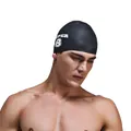Detail of professional black silicone swim cap featuring white Super 8 printed logo - Black (SUPER 8)
