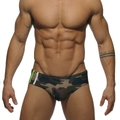 Detail of men's camouflage swim briefs featuring green stripes and athletic fit - M / Camouflage