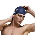 Detail of dark blue silicone swim cap with white SUPER 87 print for adults - Solid Dark Blue (SUPER 87)
