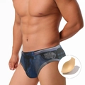 Maillot de bain sexy pour hommes taille basse, imprimé denim 3D et coussinet amovible - M / Bleu Foncé avec Coque