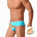 Slip de bain bleu ciel pour hommes avec rayures arc-en-ciel et rembourrage amovible - Bleu Lac Avec Coque