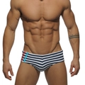 Men's blue and white striped swim trunks with red side stripes and athletic fit - M / Striped