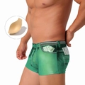 Herren Badehose mit grünem Denim-Druck, Geldschein-Muster und herausnehmbaren Polstern - M / Denim Grün Mit Cup
