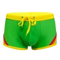 Mens low waist grass green swim trunks with rainbow stripes and yellow drawstrings - Green