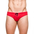 Men's solid red competitive swim briefs with black drawstring and metallic tips for beach - M / Red