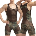 Body sexy para hombre con malla de camuflaje y diseño de retazos de alta elasticidad - M / Camouflage
