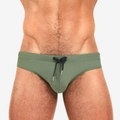 Men's olive green competitive swim briefs with adjustable drawstring and metal aglets - Army Green