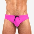 Men's low-rise rose pink swim briefs with black adjustable drawstring and metal tips - Rose Red