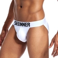 Jockstrap sexy da uomo in cotone bianco con elastico nero logato e vestibilità sportiva - M / Bianco