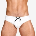 Detail of white men's swim briefs featuring a black adjustable drawstring with metal tips - White 1