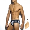 Bañador de camuflaje para hombre con almohadilla protectora y corte deportivo bajo - M / Gris Con Copa