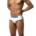 Detailansicht der ergonomischen Herren-Slips in Weiß mit schwarzen Rändern und Logo-Bund - S / Slips / Weiß