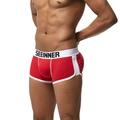 Vue détaillée du boxer de sport rouge avec rayures latérales et taille élastique blanche - S / Rouge
