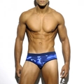 Detailansicht der Herren-Badehose mit blauem Camouflage-Muster und elastischem Bund mit Kordelzug - M / Dunkelblau