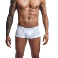 Classic white cotton boxer briefs for men featuring a wide grey elastic waistband - M / White