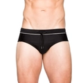 Herren Badehose in Schwarz mit Mesh-Einsatz, Belüftungslöchern und weißem Taillenstreifen - M / Schwarz