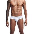 Front view of white cotton men's briefs with wide elastic logo waistband and U-convex pouch - M / White