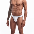 Close-up of white cotton jockstrap with wide elastic waistband and ergonomic U-pouch support - M / White