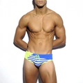Herren-Badehose mit Marinestreifen, gelben Seitenteilen und grünem Kordelzug - M / Königsblau