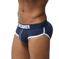 Detailansicht der Herren-Slips in Dunkelblau mit weißer Paspelierung und Logo-Bund - S / Boxers / Dunkelblau