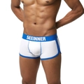 Boxer homme blanc avec bordure bleue et logo SEEINNER pour un ajustement idéal - S / Blanc