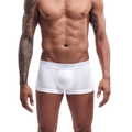 Close-up of white men's cotton boxer briefs with elastic waistband and printed logo - M / White
