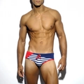 Herren Badehose mit rot-weiß-blauen Streifen, Kordelzug und modischem diagonalen Patchwork - M / Dunkelblau