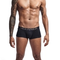 Close-up of premium cotton men's boxer briefs showing metallic logo waistband and fit - M / Black