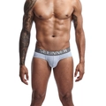 Close-up of men's grey cotton briefs with branded elastic waistband and U-convex design - M / Gray