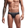 Detailed macro view of the ribbed cotton fabric and elastic waistband on men's black briefs - M / Black