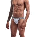 Detailed view of gray jockstrap with wide elastic waistband and contoured pouch support - M / Gray