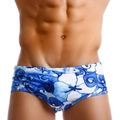 Herren Kastenbadehose mit niedrigem Bund und blau-weißem abstraktem Blumenmuster - M / Blau Weißer Druck